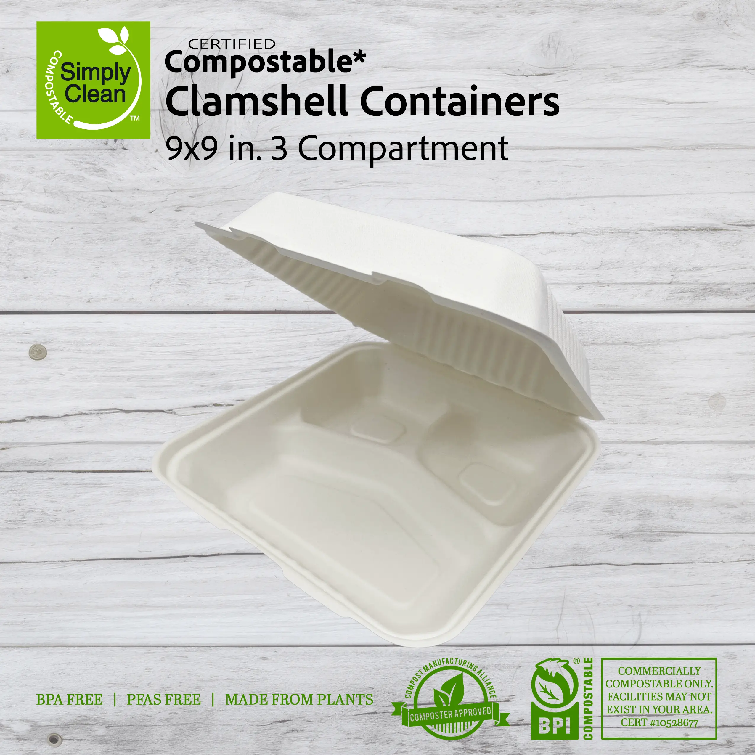 9x9 Compostable 3-Compartment Clamshell (200 Count)