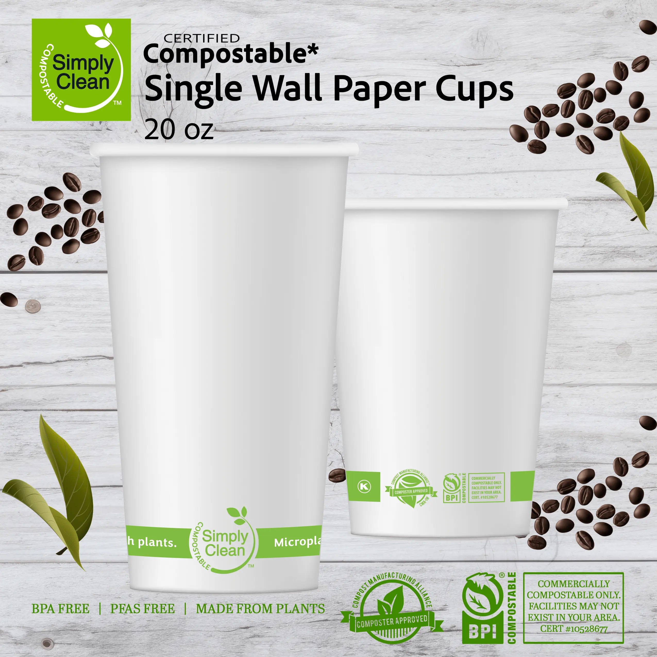 20 oz Compostable Single Wall Paper Cups (1,000 Count)